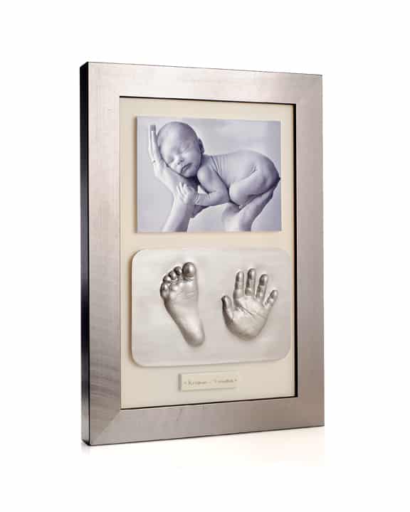 2d impression silver tile with baby hand and footprint with photo