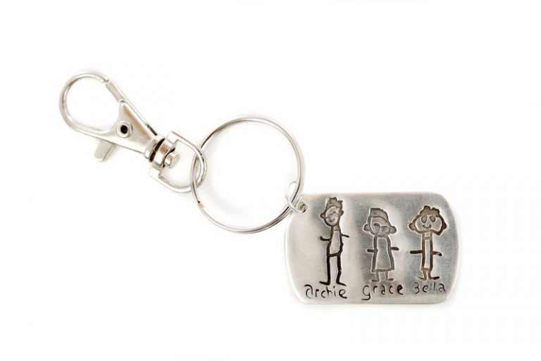 childs drawing charm into a keyring