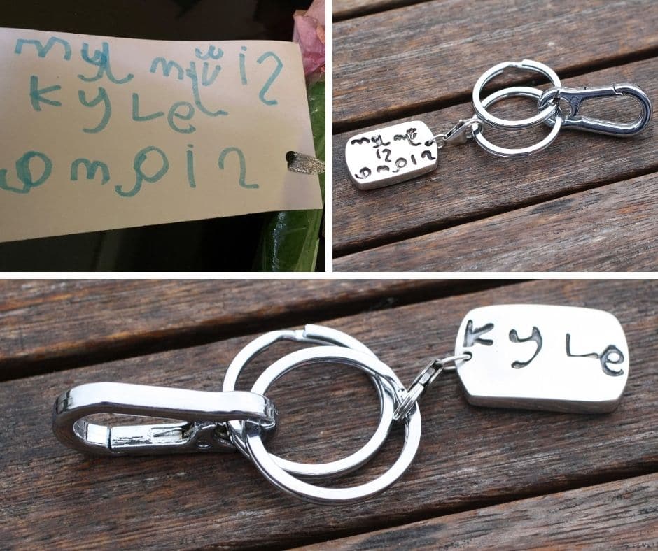 child's handwriting created into personalised keepsake double sided dog tag charm and keyring