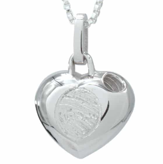 silver heart creamtion pendant with lasered fingerprint