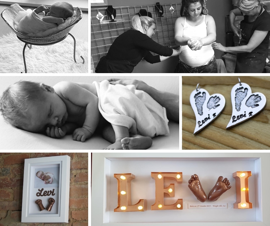 Finished belly bump cast with baby hand and foot keepsakes and silver fingerprint jewellery created by Precious Memories, Dorset UK